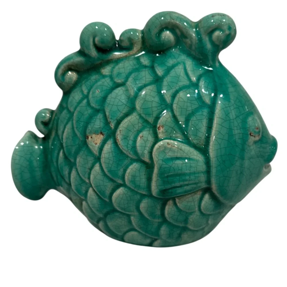 Tozai Home Turquoise Ceramic Fish with Crackle & Distessed Detail
